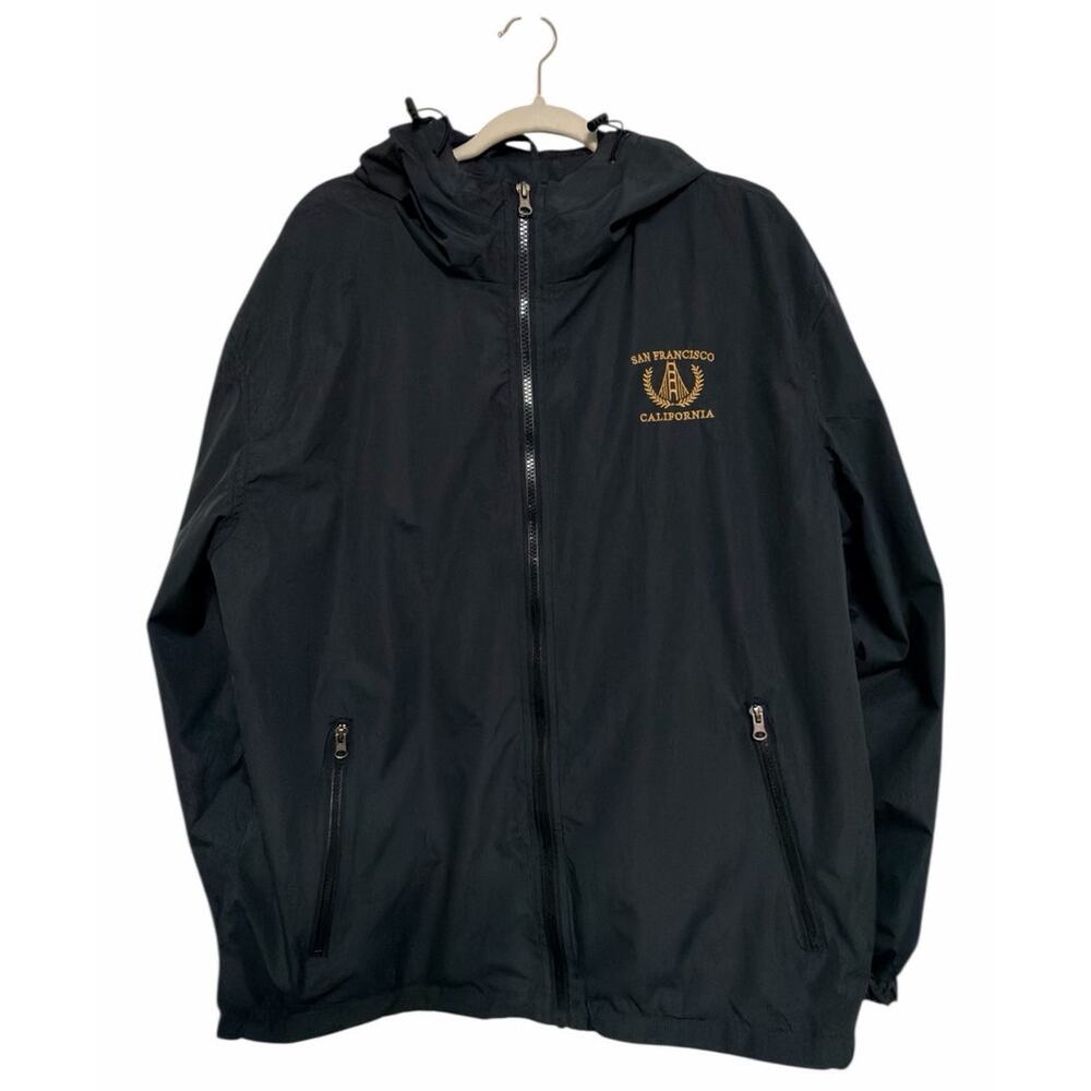 Ocean Beach California Zip-Up Jacket Black Gold Emblem Hooded Men’s XL